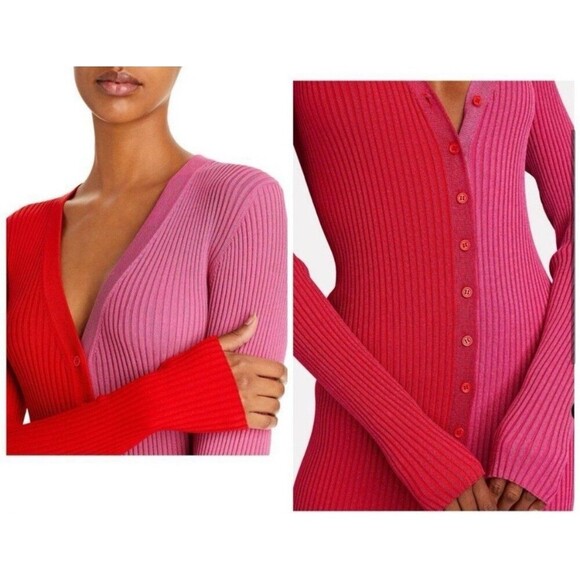 STAUD Shoko Colorblock Lurex Ribbed Long Sleeve Sweater Dress Medium Lava Peony - Picture 2 of 10